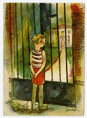 Carte postale de l'Aide à l'enfance prolétarienne de Suisse, vers 1940 - enfant devant une grille, derrière une maison.