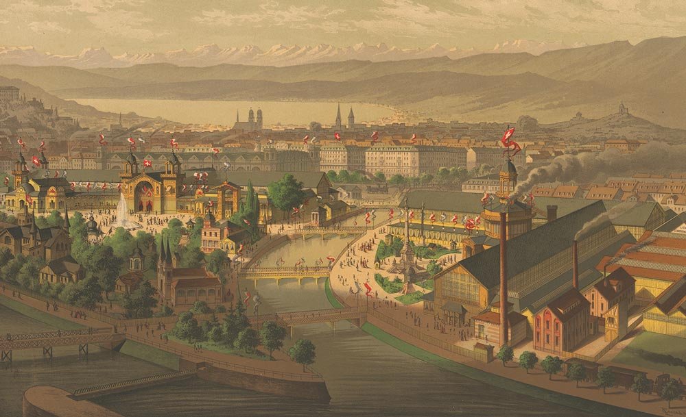 Exposition nationale de 1883 à Zurich, le pavillon des machines, Bibliothèque centrale de Zurich.