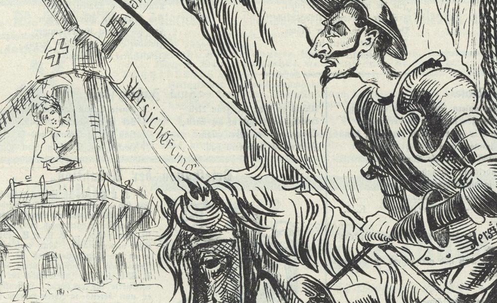Don Quichotte contre les assurances sociales, Nebelspalter, 13 janvier 1900. Utilisation autoritée par les éditions Nebelspaler, Horn.