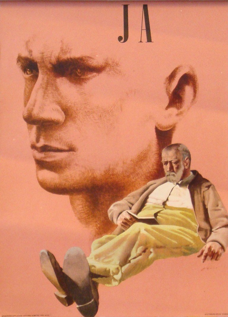 Affiche de votation par Hans Erni pour la votation sur l’AVS du 6 juillet 1947, source : syndicat Unia.