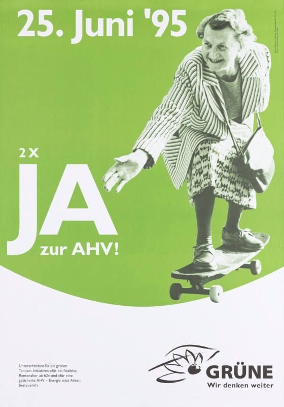 Affiche commandée par le Parti écologiste suisse en faveur d’un âge de la retraite flexible dès 62 ans, 1995. Source : Haute école des arts de Zurich, Museum für Gestaltung Zürich, Collection d’affiches, n° d’archives 88-0593.