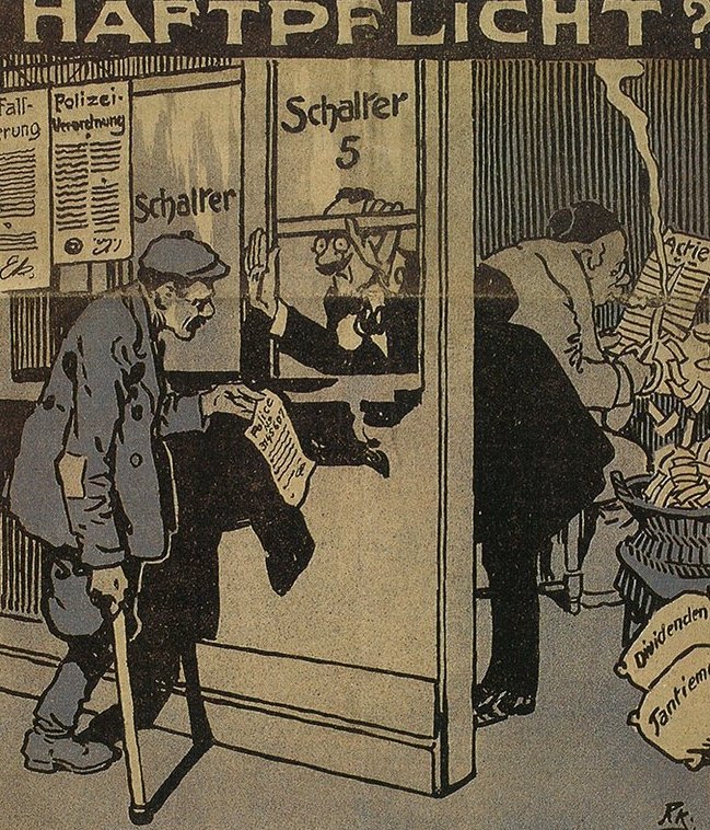 Caricature sur la “responsabilité civile“ des employeurs, Der neue Postillon, 2 février 1912. 75 ans SUVA, Lucerne 1993.