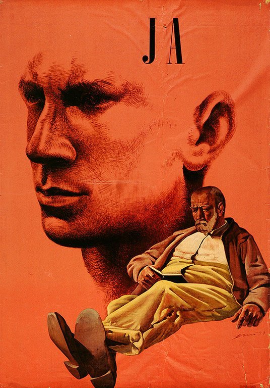 Affiche de votation par Hans Erni pour la votation sur l’AVS du 6 juillet 1947, source : syndicat Unia.
