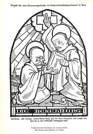 Caricature du conseiller fédéral Edmund Schulthess. Source: Böschenstein, Bundesrat Edmund Schulthess. Krieg und Krisen, Bern 1966.