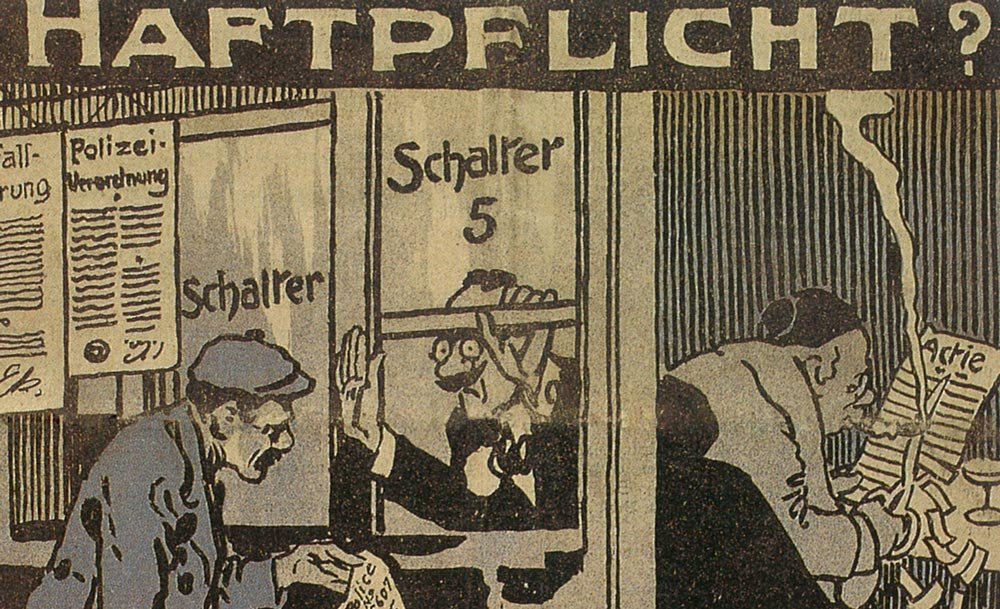 Caricature sur la “responsabilité civile“ des employeurs, Der neue Postillon, 2 février 1912. 75 ans SUVA, Lucerne 1993.