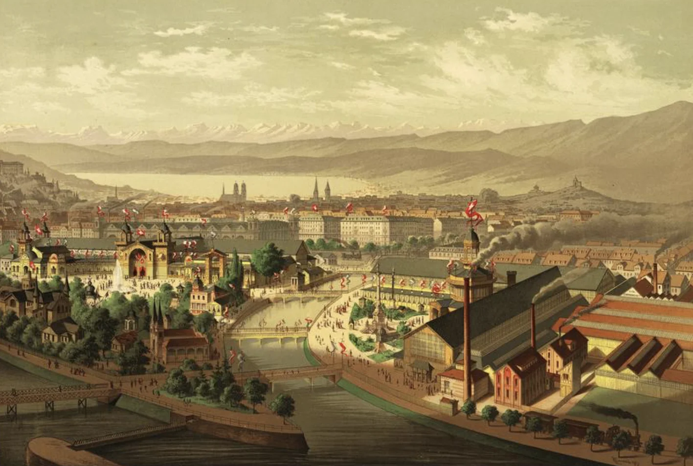 Souvenir de l'Exposition nationale de 1883. Imprimé par la coopérative des lithographes d'Aussersihl, d'après un dessin d'Ernst Conrad (Zentralbibliothek Zürich, Graphische Sammlung und Fotoarchiv).