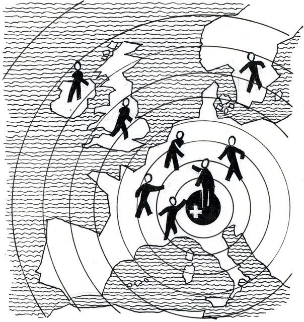 Dessin/Caricature: La Suisse au centre de l'Europe. Source: Archives sociales suisses, Zurich, F 5030-Za-0083.
