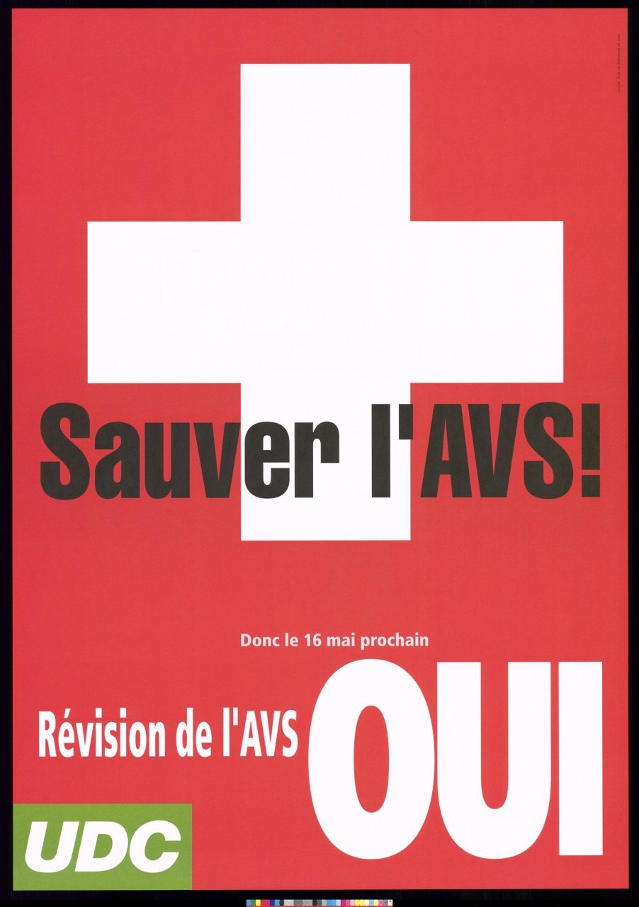 Affiche de l’agence publicitaire GOAL pour l’UDC à l’occasion de la votation du 16.05.2004 sur la 11ᵉ révision de l’AVS, Archives sociales suisses, référence : F 5123-Pe-122.