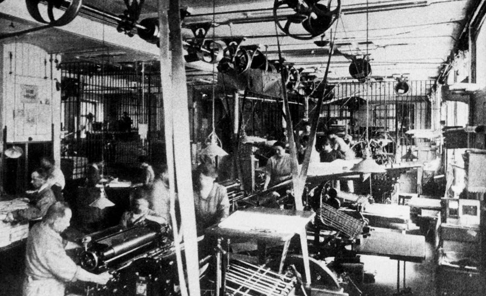 Atelier industriel, probablement une imprimerie vers 1900, Archives sociales suisses Zurich, référence : Sozarch_F_Fb-0016-02